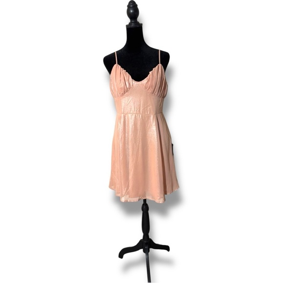 Lulu’s Shiny Peach Spaghetti Strap Pleated Cups Mini Formal Style Sundress - Picture 4 of 16